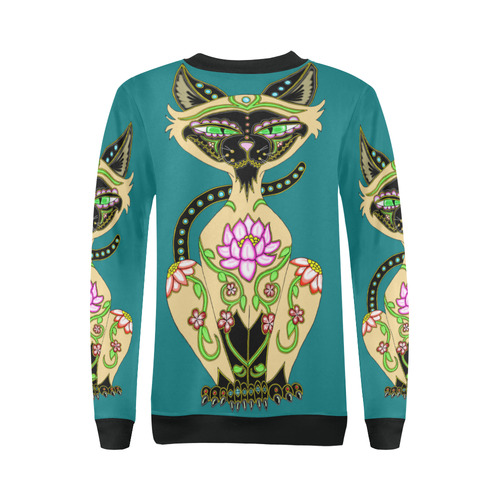 Siamese Cat Sugar Skull Turquoise And Black All Over Print Crewneck Sweatshirt for Women (Model H18)