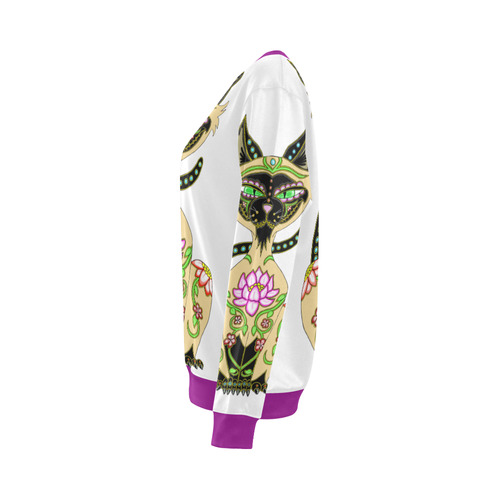 Siamese Cat Sugar Skull White And Purple All Over Print Crewneck Sweatshirt for Women (Model H18)