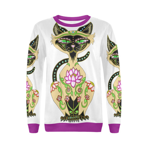 Siamese Cat Sugar Skull White And Purple All Over Print Crewneck Sweatshirt for Women (Model H18)