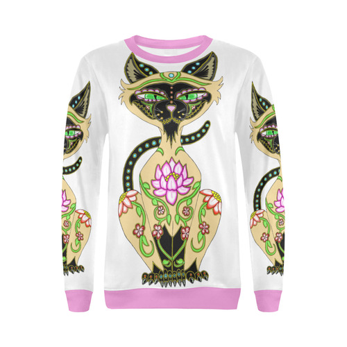 Siamese Cat Sugar Skull White And Pink All Over Print Crewneck Sweatshirt for Women (Model H18)
