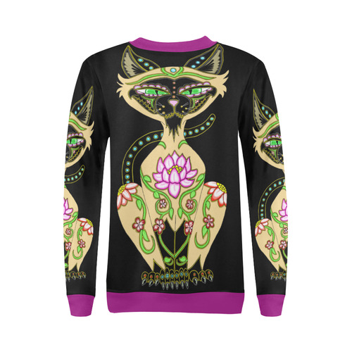 Siamese Cat Sugar Skull Black And Purple All Over Print Crewneck Sweatshirt for Women (Model H18)