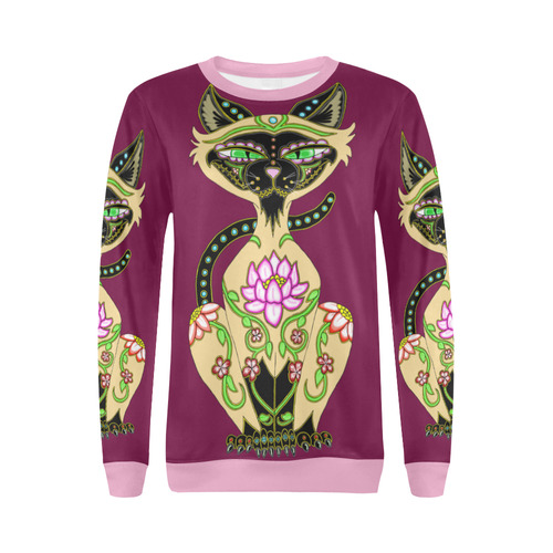 Siamese Cat Sugar Skull Plum And Pink All Over Print Crewneck Sweatshirt for Women (Model H18)