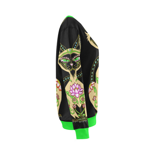 Siamese Cat Sugar Skull Black And Green All Over Print Crewneck Sweatshirt for Women (Model H18)