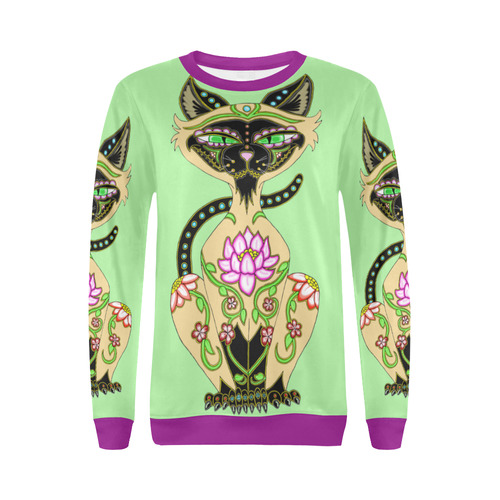 Siamese Cat Sugar Skull Mint And Purple All Over Print Crewneck Sweatshirt for Women (Model H18)