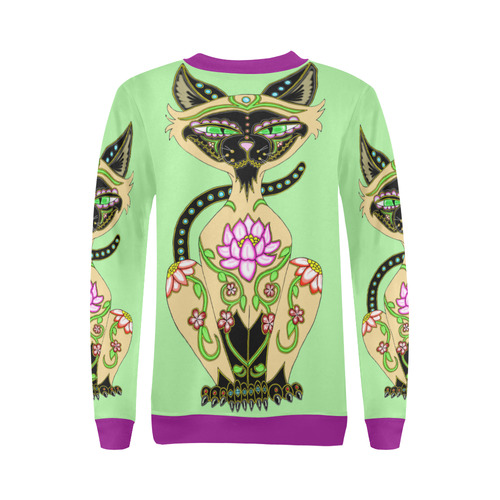 Siamese Cat Sugar Skull Mint And Purple All Over Print Crewneck Sweatshirt for Women (Model H18)