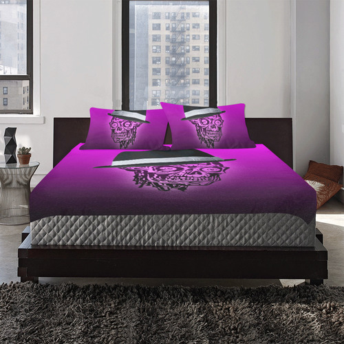 elegant skull with hat,hot pink 3-Piece Bedding Set