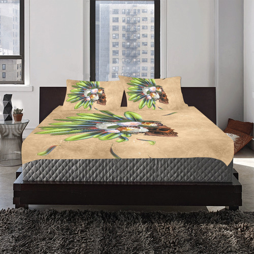 Amazing skull with feathers and flowers 3-Piece Bedding Set