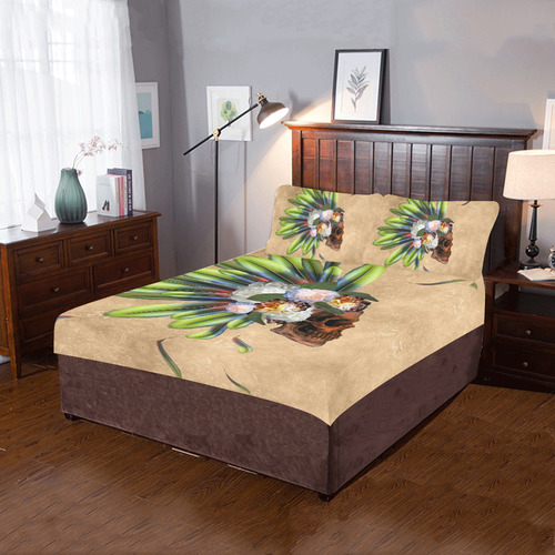 Amazing skull with feathers and flowers 3-Piece Bedding Set