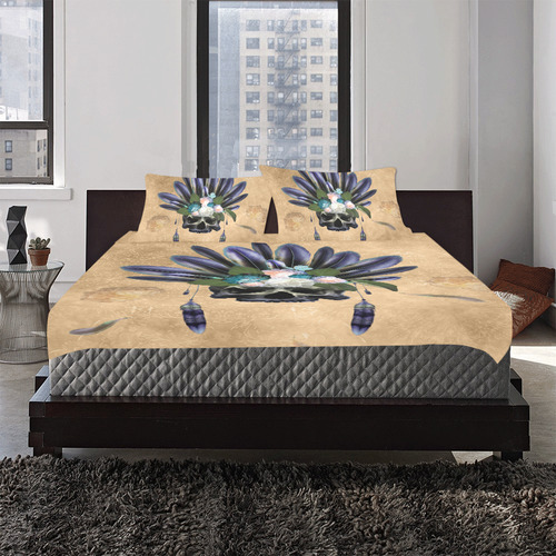 Cool skull with feathers and flowers 3-Piece Bedding Set