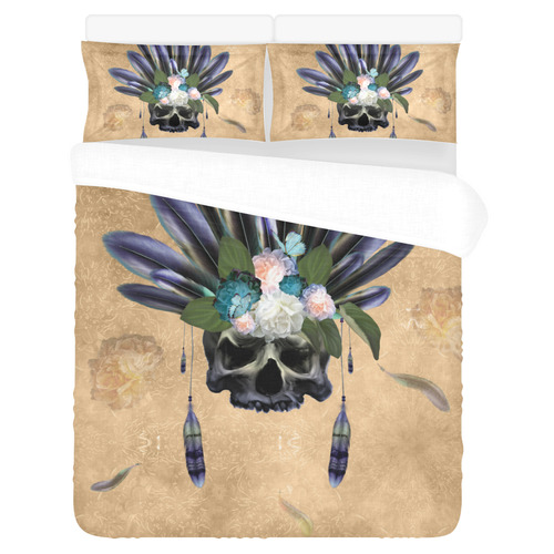 Cool skull with feathers and flowers 3-Piece Bedding Set