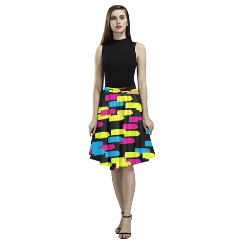 Colorful strokes on a black background Melete Pleated Midi Skirt (Model D15)