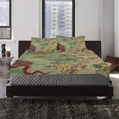 Historic Map from the World with Sea Monsters 3-Piece Bedding Set