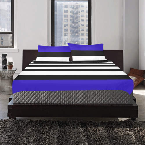 Black & White Bars With Blue 3-Piece Bedding Set