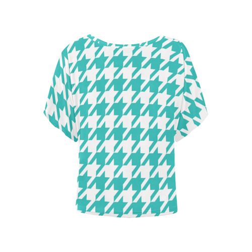 turquoise and white houndstooth classic pattern Women's Batwing-Sleeved Blouse T shirt (Model T44)