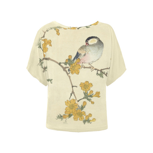 Bird in oriental pink flowers, Japanese woodcut, Women's Batwing-Sleeved Blouse T shirt (Model T44)