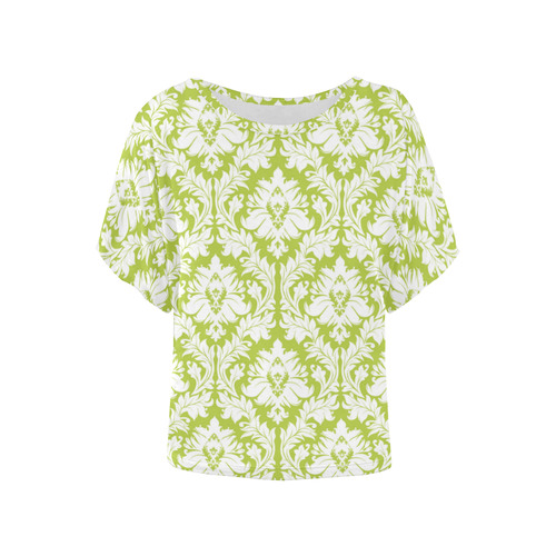 damask pattern spring green and white Women's Batwing-Sleeved Blouse T shirt (Model T44)