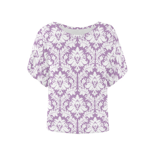 damask pattern lilac and white Women's Batwing-Sleeved Blouse T shirt (Model T44)