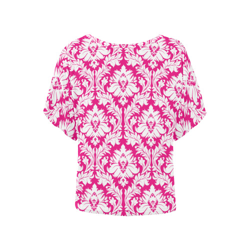 damask pattern hot pink and white Women's Batwing-Sleeved Blouse T shirt (Model T44)