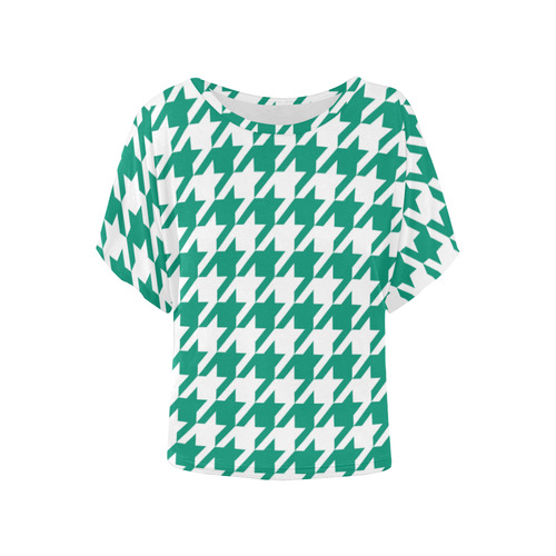 emerald green and white houndstooth classic patter Women's Batwing-Sleeved Blouse T shirt (Model T44)