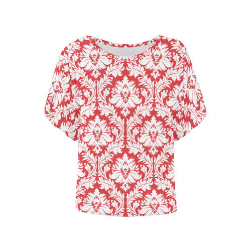 damask pattern red and white Women's Batwing-Sleeved Blouse T shirt (Model T44)