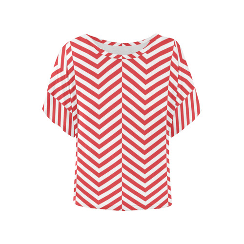 red and white classic chevron pattern Women's Batwing-Sleeved Blouse T shirt (Model T44)