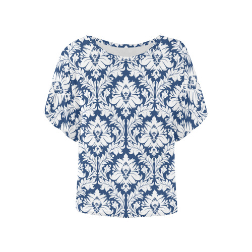 damask pattern navy blue and white Women's Batwing-Sleeved Blouse T shirt (Model T44)