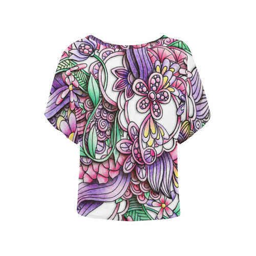 Pink Purple flower drawing Women's Batwing-Sleeved Blouse T shirt (Model T44)