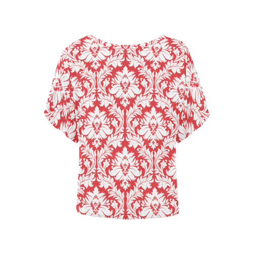 damask pattern red and white Women's Batwing-Sleeved Blouse T shirt (Model T44)
