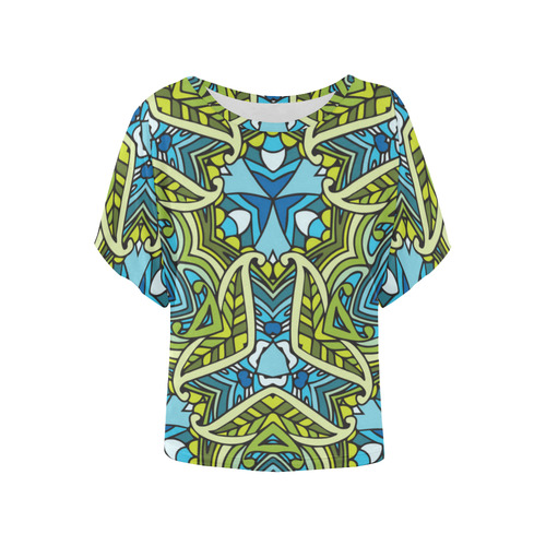 zandine 0401 blue green leaf water pattern Women's Batwing-Sleeved Blouse T shirt (Model T44)