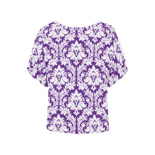 damask pattern royal purple and white Women's Batwing-Sleeved Blouse T shirt (Model T44)