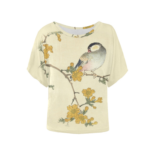 Bird in oriental pink flowers, Japanese woodcut, Women's Batwing-Sleeved Blouse T shirt (Model T44)