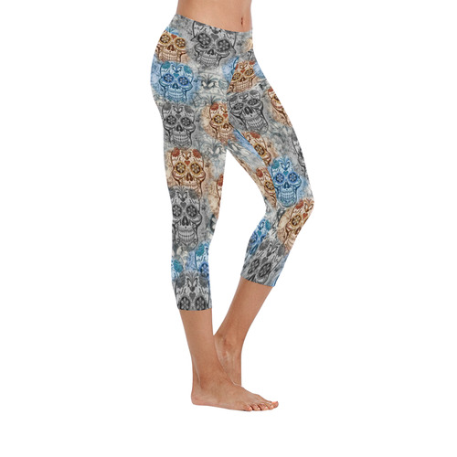 Skulls 1117A by JamColors Women's Low Rise Capri Leggings (Invisible Stitch) (Model L08)