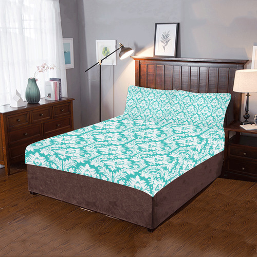 damask pattern turquoise and white 3-Piece Bedding Set