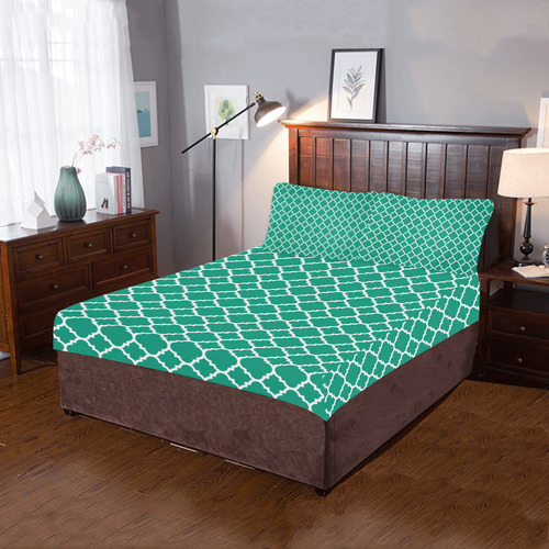 emerald green white quatrefoil classic pattern 3-Piece Bedding Set