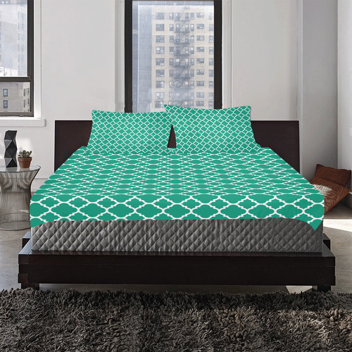 emerald green white quatrefoil classic pattern 3-Piece Bedding Set