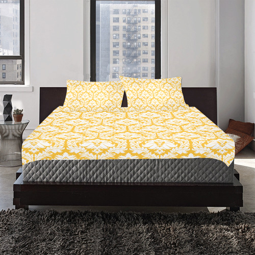 damask pattern sunny yellow and white 3-Piece Bedding Set