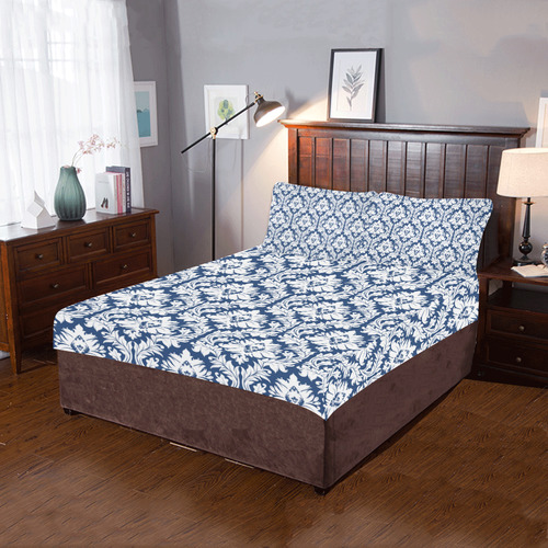 damask pattern navy blue and white 3-Piece Bedding Set