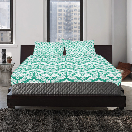 damask pattern emerald green and white 3-Piece Bedding Set