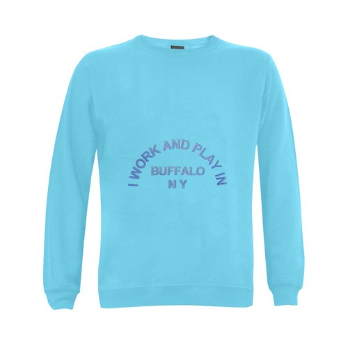 I WORK AND PLAY  IN BUFFALO NY on Sky Blue Gildan Crewneck Sweatshirt(NEW) (Model H01)