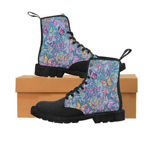 Ladies Print Boots Blue Butterfly Print Martin Boots for Women (Black) (Model 1203H)