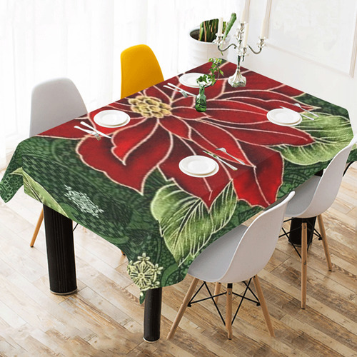 Elegant Christmas Poinsettia Cotton Linen Tablecloth 60" x 90"