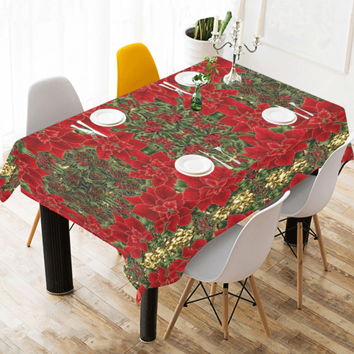 Red & Gold Poinsettia Pattern Cotton Linen Tablecloth 52"x 70"