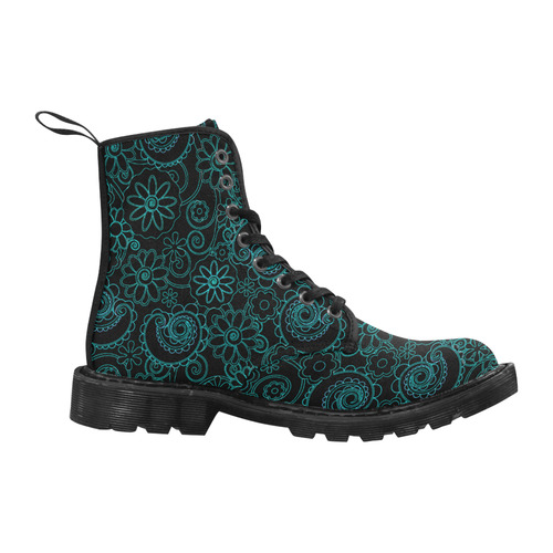 Embroidered Style Print Boots Teal Flowers Martin Boots for Women (Black) (Model 1203H)