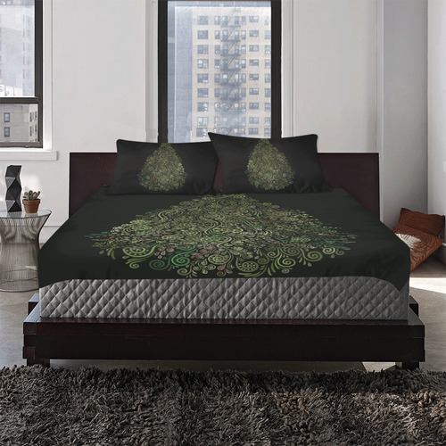 3D Psychedelic Fantasy Tree, green on black 3-Piece Bedding Set