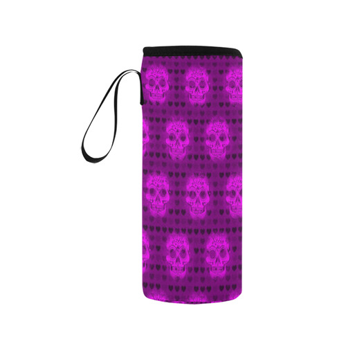 skulls and hearts, pink by JamColors Neoprene Water Bottle Pouch/Medium