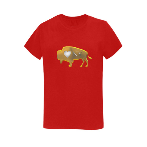 I Love Buffalo NY in Silver and Gold on Rambunctious Red Women's T-Shirt in USA Size (Two Sides Printing)