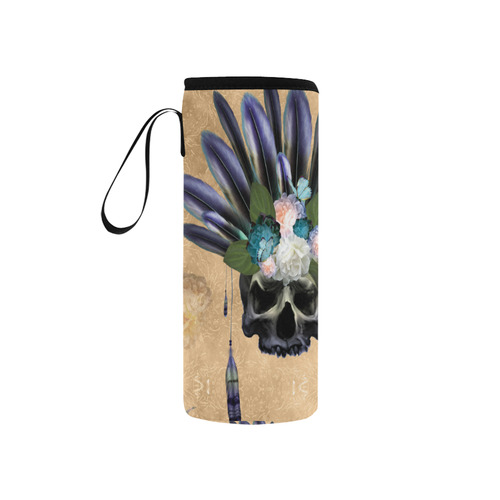 Cool skull with feathers and flowers Neoprene Water Bottle Pouch/Small