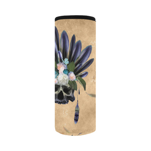 Cool skull with feathers and flowers Neoprene Water Bottle Pouch/Large