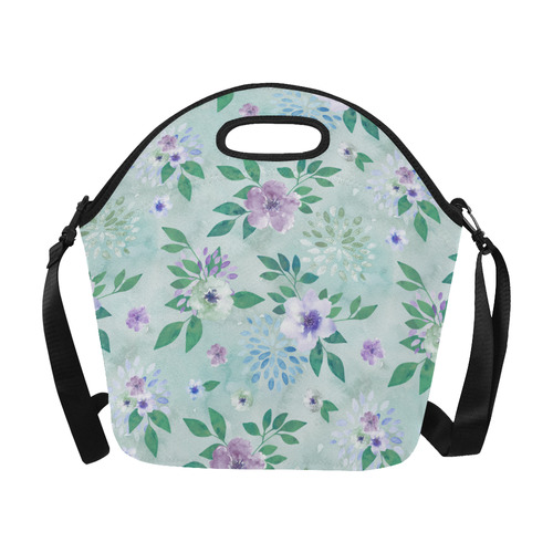 Watercolor Spring Flowers Pattern cyan lilac Neoprene Lunch Bag/Large (Model 1669)