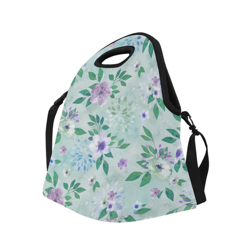 Watercolor Spring Flowers Pattern cyan lilac Neoprene Lunch Bag/Large (Model 1669)